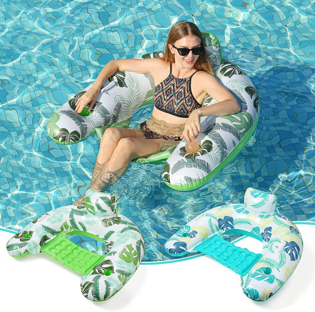 2 Pack Pool Float Chair Inflatable Adults Lounge Floaties Lounge Toys Cup Holder Summer Swimming Ring Lifetime Replacement