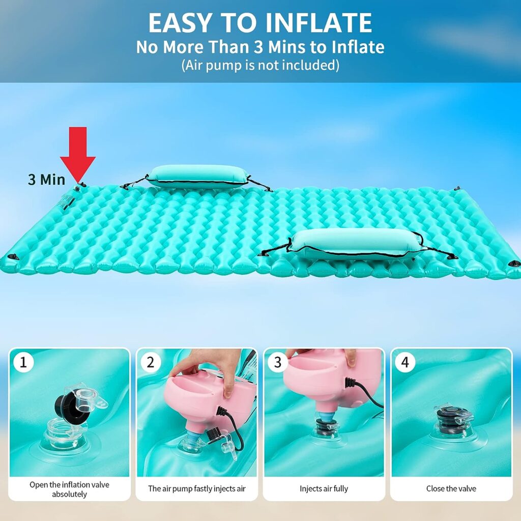 Giant Inflatable Floating Mat with Pillows, 114 x 72, Jojoka Inflatable Floats for Swimming Lake Pool Boating Beach, Floating Island for Water Relaxing Party Floatie Lounger Beach Pool Party Toy