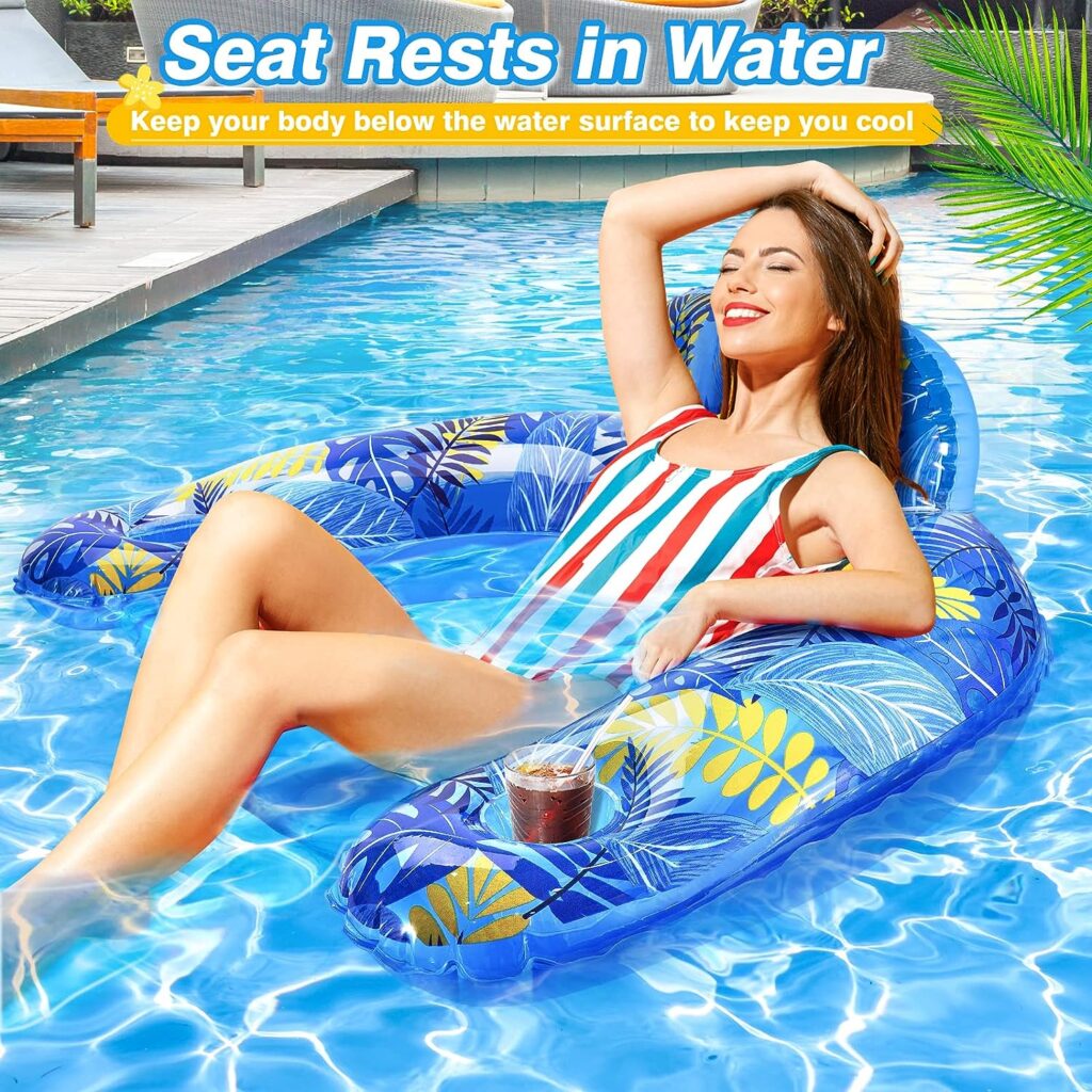 Inflatable Pool Float Chair, 2 Pack Pool Chair Floats for Swimming Pool Floats Adults Size Lounger with Backrest  Cup Holder, Floating Pool Lounge Float Chair, Pool Floaties for Adults