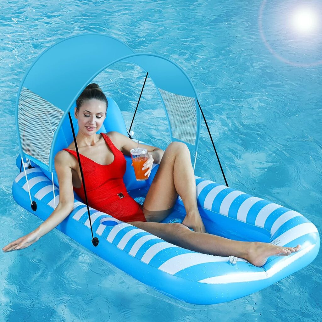 Inflatable Pool Float for Adults with Detachable Canopy and Cup Holder Outdoor Lounge Pool Lounger Rafts with Adjustable Inflatable Pillow for Swimming Lake Beach Vacation