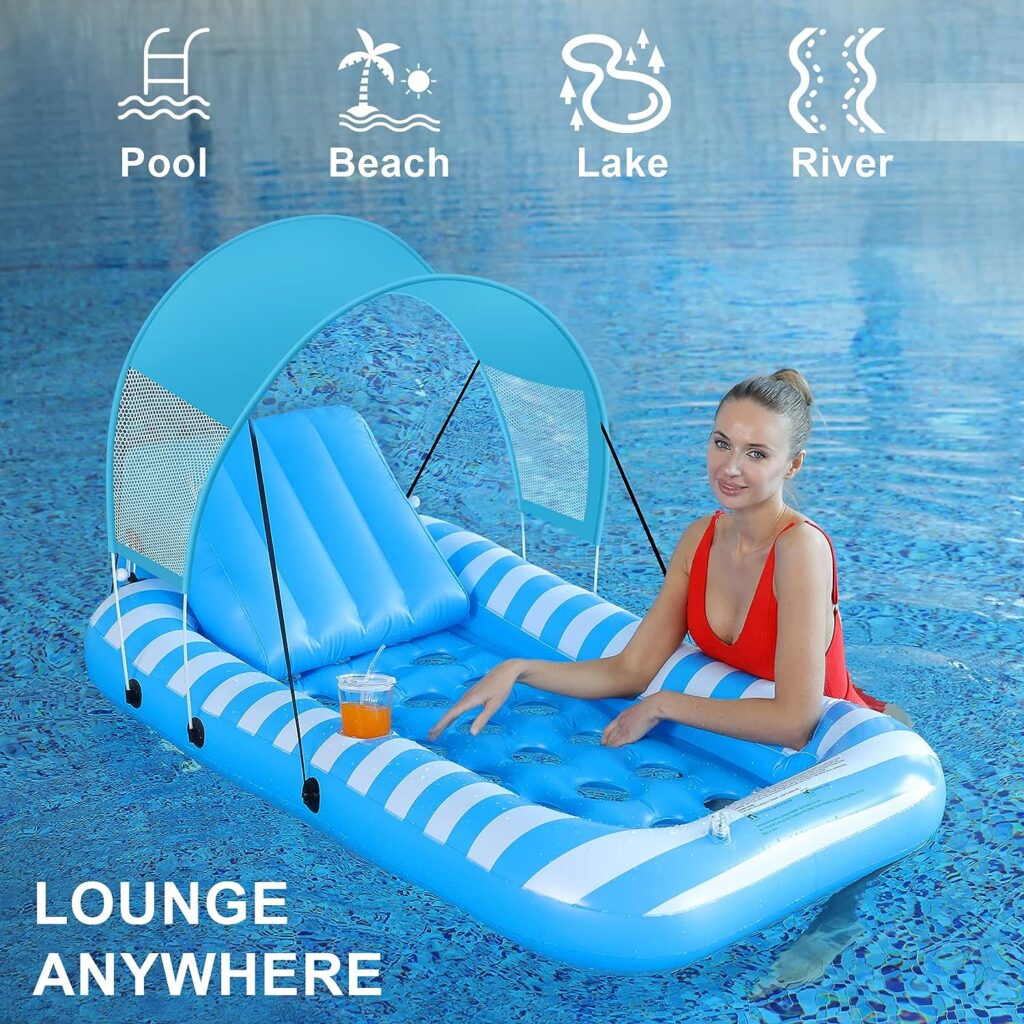 Inflatable Pool Float for Adults with Detachable Canopy and Cup Holder Outdoor Lounge Pool Lounger Rafts with Adjustable Inflatable Pillow for Swimming Lake Beach Vacation