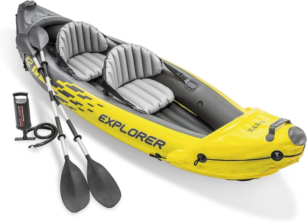 INTEX 68307EP Explorer K2 Inflatable Kayak Set: Includes Deluxe 86in Aluminum Oars and High-Output Pump – SuperStrong PVC – Adjustable Seats with Backrest – 2-Person – 400lb Weight Capacity