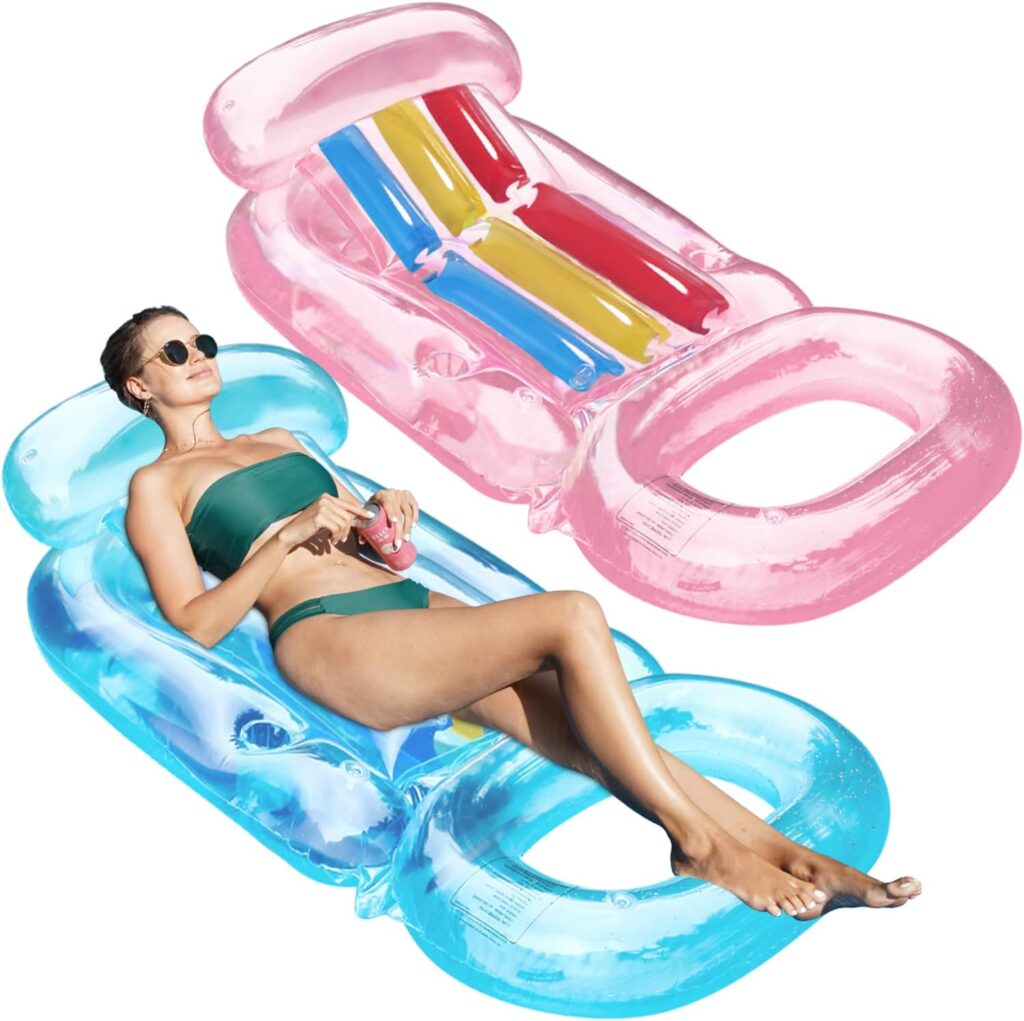 FindUWill Inflatable Pool Floats Lounger for Adults - 2 Pack Large Pool Floats Raft with Headrest, Cup Holder, 62 Pool Floaties Swimming Pool Lounge with Backrest, Footrest for Adults