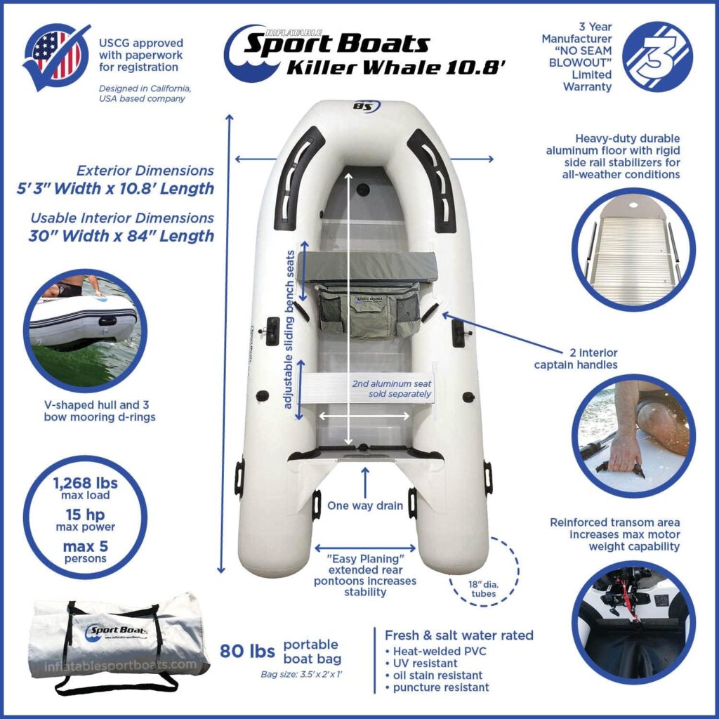 Inflatable Sport Boats Killer Whale 10.8 - Model SB-330 - Aluminum Floor Premium Heat Welded Dinghy with Seat Bag