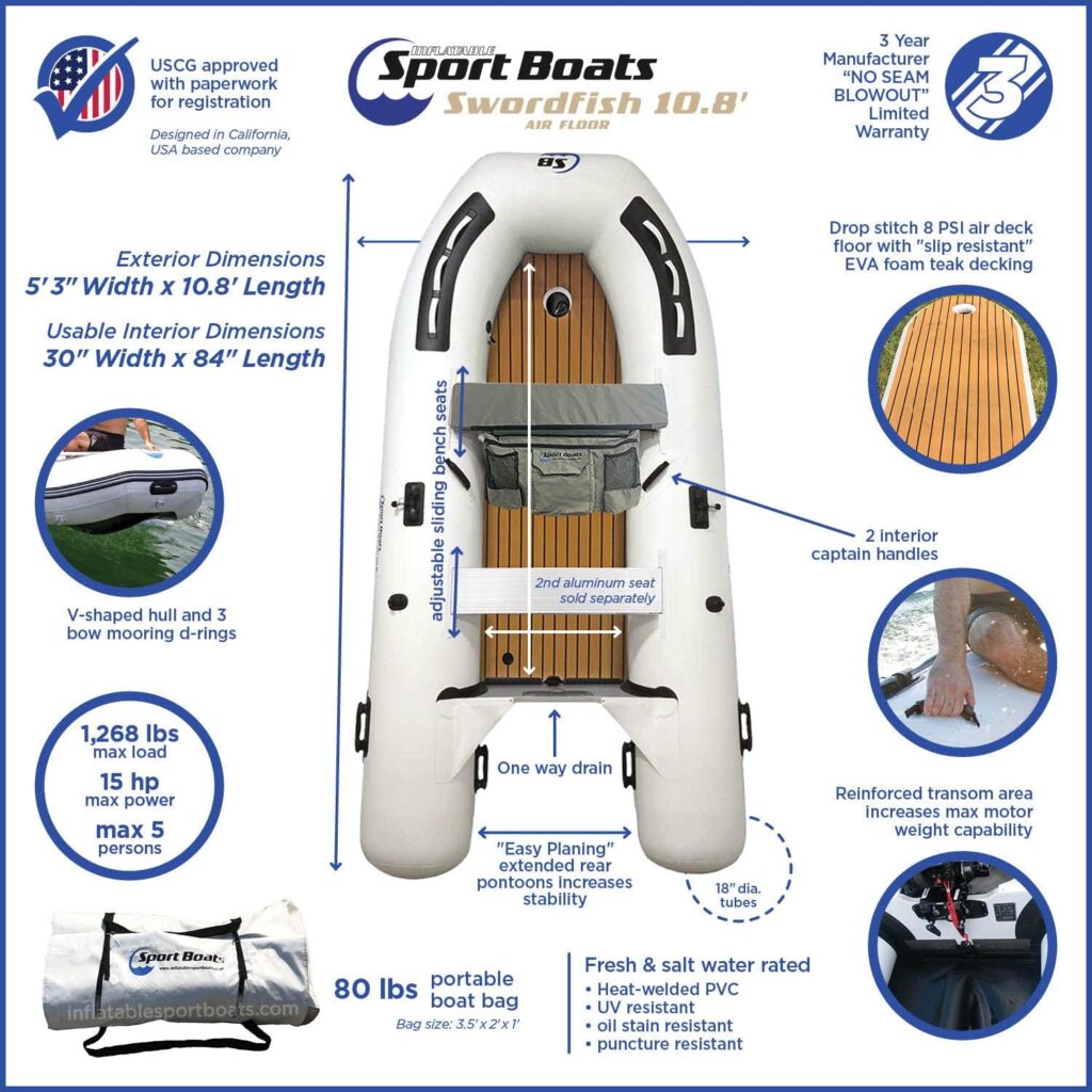 Inflatable Sport Boats - Swordfish 10.8 - Model SB-330A - Air Deck Floor Premium Heat Welded Dinghy with Seat Bag