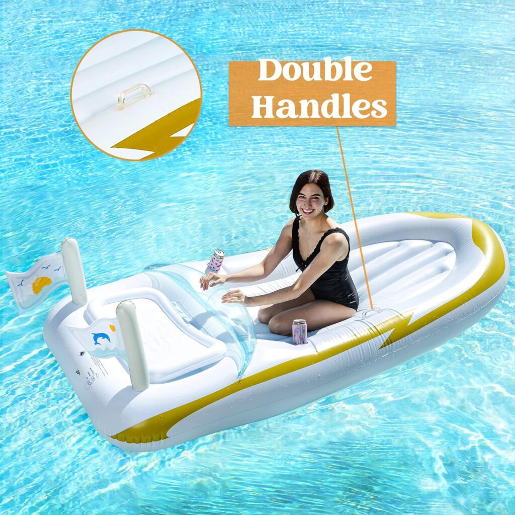 Sloosh Luxury Inflatable Yacht Boat Pool Raft with Cooler, Swimming Water Pool Float Summer Pool Party Lounge Decorations for Adults 105in x 48in