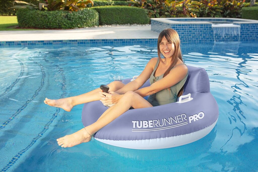 Tube Runner Pro Edition 12V Motorized Pool Tube, by PoolCandy. Deluxe Motorized Pool Tube for the best Lake, River and Pool Fun.  Inflatable battery powered float, the ultimate pool raft.